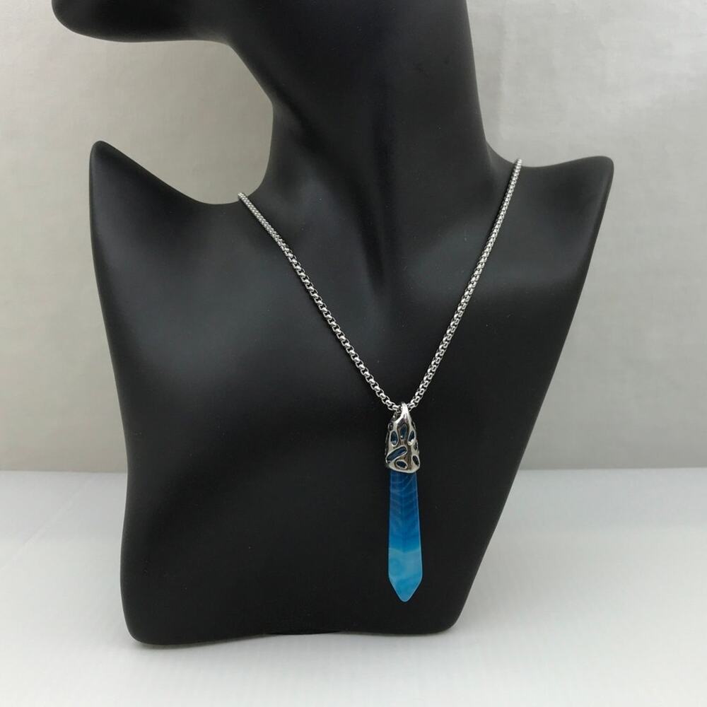 NWT Vintage Blue Banded Agate Point Pendant Stainless Steel Necklace 20”